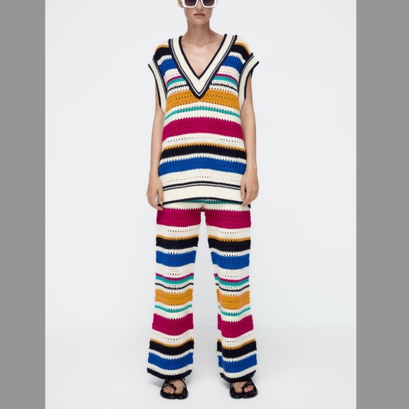 Zara rustic striped oversized crochet vest and flare pants coordinated set NWT - Picture 1 of 11